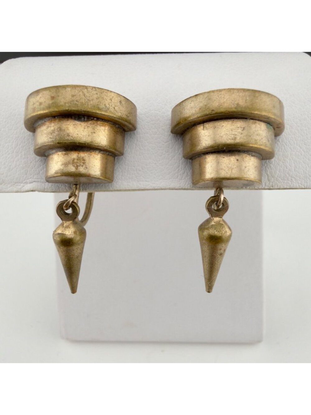 Vintage Art Deco Screw Back Earrings Tiered Stepped Geometric Cone Spike Dangle